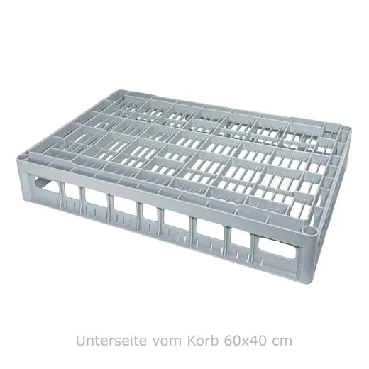 FriesRack System 600 - Ansicht der Unterseite des Glserkorbs 60x40 cm - mehrfach durchbrochener Boden und offene Bauweise des Korbs. Entspricht hchsten Hygiene- und Industriestandards bei Eurobehltern 600x400 mm.