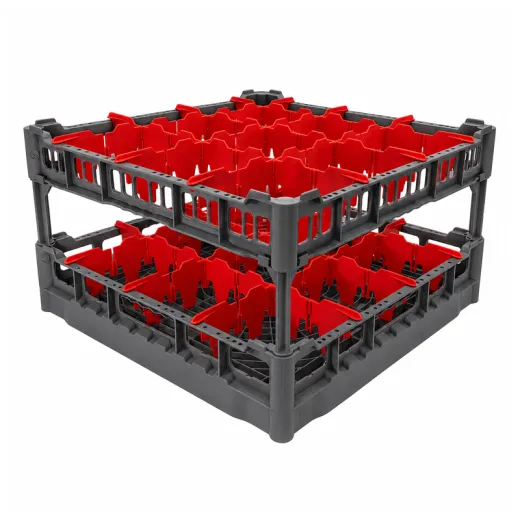 Gl�serkorb 50x50 cm f�r 9 Gl�ser, Typ LH-3x3 in Schwarz mit schwarzem Toprahmen. F�r die Gl�serlogistik bei Event, Catering, Gala und Empfang. Stapelbar, modular erweiterbar und kombinierbar mit ClixRack-500. FriesRack Gl�serrack.