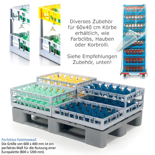 Beispiel für Fries Gläserkörbe 60x40 cm mit optionalem Zubehör, wie farbige Codierclips oder Abdeckhauben Beispiel für Fries Gläserkörbe 60x40 cm mit optionalem Zubehör, wie farbigen Farbcodierclips, auch mit Beschriftung. Optimale Identifikation und bessere Organisation. Ideal für Gastronomie, Hotels und Catering!