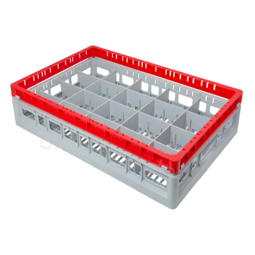 Stabiler FriesRack Gl�serkorb Typ SN-4x5-115 aus PP, Korbma� 600x400 mm, f�r 20 Gl�ser, roter Toprahmen. Belastbarer Sp�lkorb ideal f�r Messe, Event & Teilelogistik. Euronorm-kompatibel und stapelbar auf Euro-Paletten.
