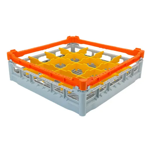 FriesRack Glserkorb 50x50 cm - Typ S-4x4 - stabiles, graues Glserrack fr 16 Glser mit orangenem Toprahmen. Ideal fr sicheren Glastransport, Splen und Einsatz in Catering, Hotel und Messegastronomie.