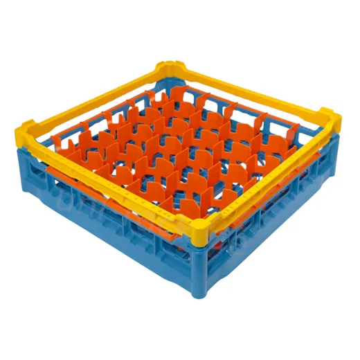 FriesRack Gl�serkorb 50x50 cm - Typ S-30 - stabiles, blaues Gl�serrack f�r 30 Gl�ser mit gelbem Toprahmen. Ideal f�r sicheren Glastransport, Sp�len und Einsatz in Catering, Hotel und Messegastronomie.