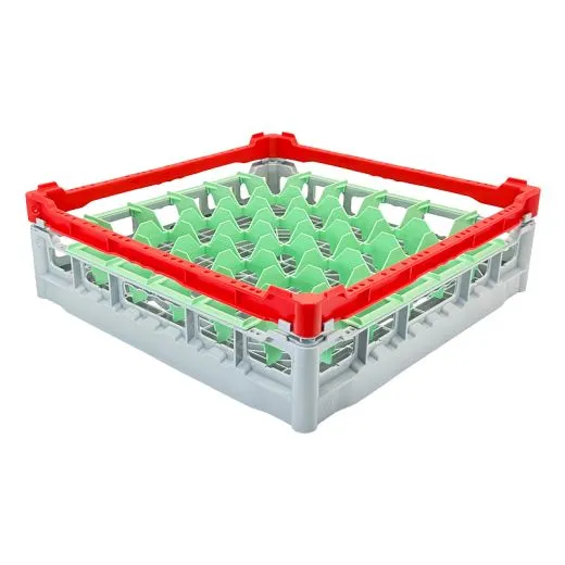 FriesRack Glserkorb 50x50 cm S-6x6 - stabiler grauer Korb mit rotem Toprahmen fr sicheren Glastransport, perfekt fr Gastronomie, Hotel und Catering.