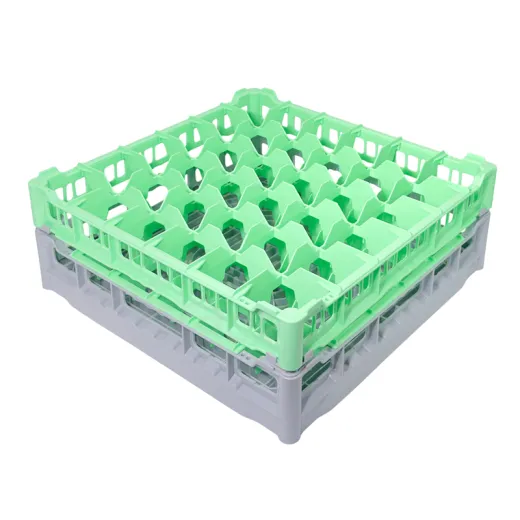 FriesRack System 500 - Clixrack Gl�sersp�lkorb mit Korbgr��e 50x50 cm Typ SH-6x6 - stabiles graues Gl�serrack mit gr�nem Toprahmen f�r sicheren Glastransport, perfekt f�r Gastronomie und Catering.