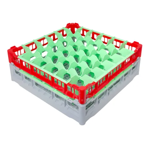 FriesRack System 500 - Clixrack Gl�sersp�lkorb mit Korbgr��e 50x50 cm Typ SH-6x6 - stabiles graues Gl�serrack mit orangenem Toprahmen f�r sicheren Glastransport, perfekt f�r Gastronomie und Catering.