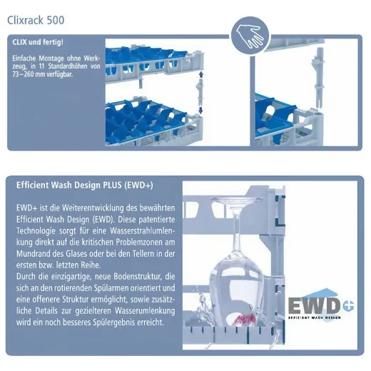 Beschreibung des Fries Clixrack 500 Systems: Werkzeuglose Montage in 12 H�hen und EWD+ f�r perfekte Sp�lergebnisse - ideal f�r Gastronomie!