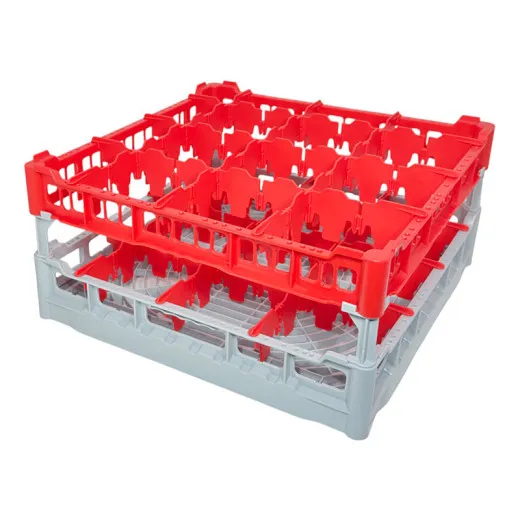 FriesRack Gl�serkorb 50x50 cm - Typ MH-3x3 - stabiles, graues Gl�serrack f�r 9 z.B. bauchige Rotweingl�ser mit rotem Toprahmen. Ideal f�r sicheren Glastransport, Sp�len und Einsatz in Catering, Hotel und Messegastronomie.
