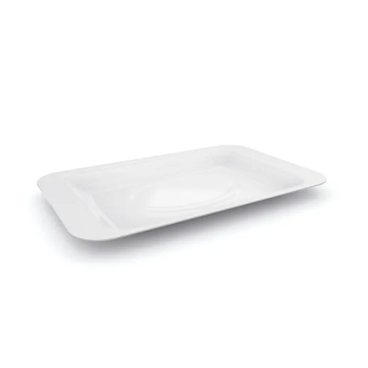 Mehrweg Snackteller aus PP-Kunststoff – hellgrau Einzelner Mehrweg Snackteller in Hellgrau aus lebensmittelechtem PP-Kunststoff, BPA- und phthalatfrei. Maße 250x155x17 mm, stapelbar, spülmaschinenfest, mikrowellengeeignet, bruchfest und formstabil. Ideal für Gastronomie und Catering.