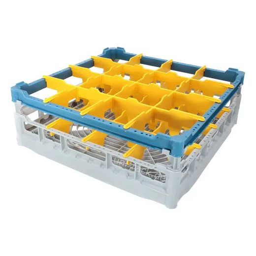 FriesRack Glserkorb 50x50 cm - Typ K-4x4 - stabiles, graues Glserrack fr 16 Glser mit blauem Toprahmen. Ideal fr sicheren Glastransport, Splen und Einsatz in Catering, Hotel und Messegastronomie.