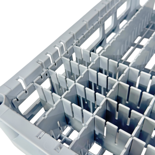 Anwendungsbeispiel im 60x40 cm Grundkorb: Adapter f�r Universal Quer- und L�ngsteiler zur Fixierung einer individuellen Facheinteilung im 15-mm-Raster. Ideal zum Erstellen einer individuellen Fachung f�r spezielle Sp�lanwendungen.