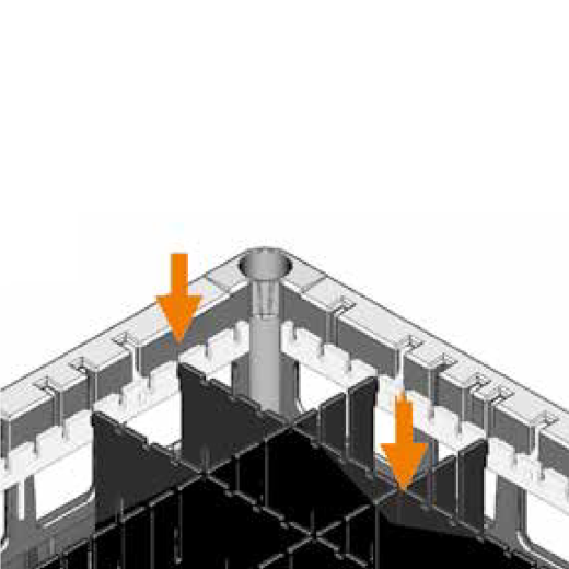 Montageanleitung zur Verbindung der Quer- und L�ngsteiler-Fachung mit dem Korbadapter bzw. der Seitenleiste 28/365 im Kunststoff-Grundkorb CR-600 (60x40 cm). So wird die Einteilung sicher am Korb fixiert.