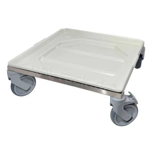 Anwendungsbeispiel: ROL500CNS-KROAW Edelstahl-Korbrolli 50x50 cm mit eingelegter Abtropfwanne und Sp�lk�rben. Belastbar, fahrbar auf leisen Kunststoffrollen (2 feststellbar). Ideal f�r Eventcatering, Mensa, Cafeteria oder Gemeinschaftsverpflegung. Stabil