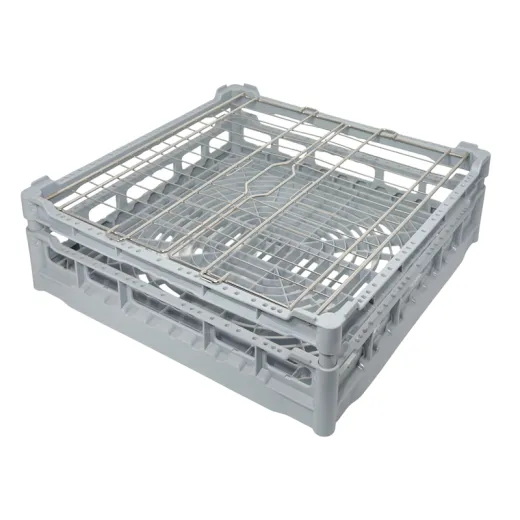 Grauer Kunststoff-Grundsp�lkorb NK-GD-TN im Korbma� 500x500 mm mit klappbarem Edelstahl-Gitterdeckel. Deckel geschlossen, ideal f�r leichtes Sp�lgut wie Mehrwegbecher und Mehrweggeschirr im Profi-Sp�lbereich.
