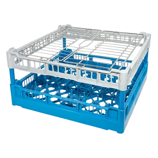 Blau-Grauer Kunststoff-Fingersp�lkorb UK-GD-TH im Korbma� 500x500 mm mit klappbarem Edelstahl-Gitterdeckel. Deckel geschlossen, ideal f�r leichtes Sp�lgut wie Mehrwegbecher und Mehrweggeschirr im Profi-Sp�lbereich.