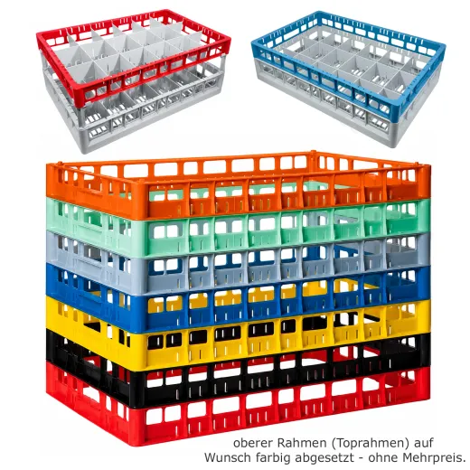 Beispiel f�r hochwertige Gl�serk�rbe aus dem FriesRack System mit optional farblich abgesetzten Toprahmen - ideal f�r Gastronomie, Hotels und Catering. Perfekt zur Organisation und schnellen Identifikation.