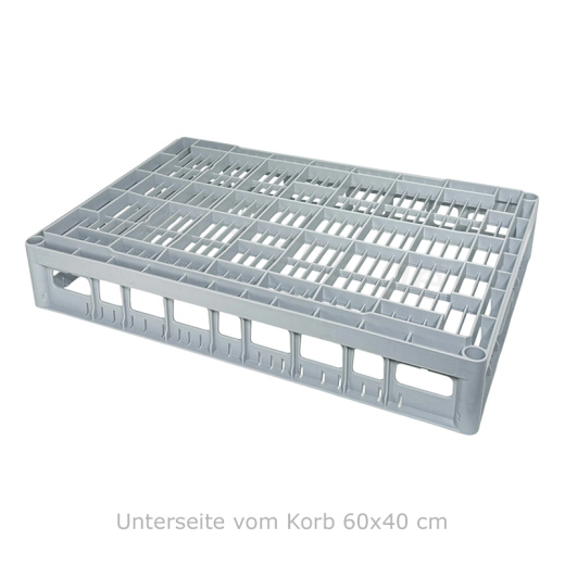 FriesRack System 600 - Ansicht der Unterseite des Gl�serkorbs 60x40 cm - mehrfach durchbrochener Boden und offene Bauweise des Korbs. Entspricht h�chsten Hygiene- und Industriestandards bei Eurobeh�ltern 600x400 mm.