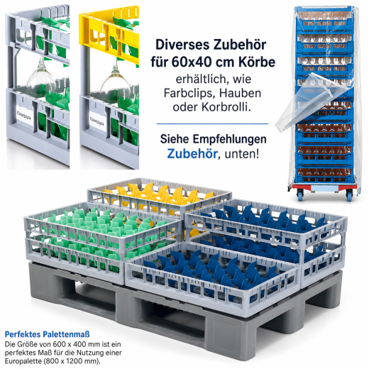 Beispiel f�r Fries Gl�serk�rbe 60x40 cm mit optionalem Zubeh�r, wie farbigen Farbcodierclips, auch mit Beschriftung. Optimale Identifikation und bessere Organisation. Ideal f�r Gastronomie, Hotels und Catering!