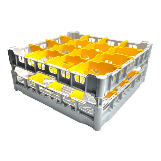 FriesRack Glserkorb 50x50 cm - Typ KH-4x4 - stabiles, graues Glserrack fr 16 Glser mit grauem Toprahmen. Ideal fr sicheren Glastransport, Splen und Einsatz in Catering, Hotel und Messegastronomie.