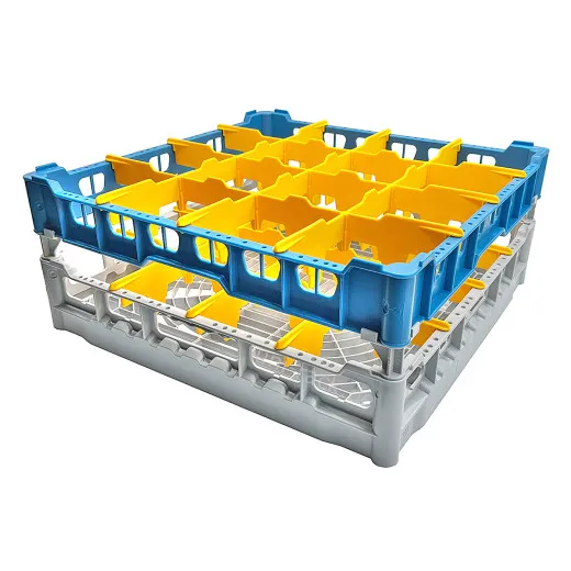 FriesRack Glserkorb 50x50 cm - Typ KH-4x4 - stabiles, graues Glserrack fr 16 Glser mit blauem Toprahmen. Ideal fr sicheren Glastransport, Splen und Einsatz in Catering, Hotel und Messegastronomie.