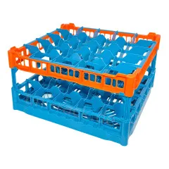 FriesRack Glserkorb 50x50 cm OH-5x5 - stabiler blauer Glserkorb mit orangenem Toprahmen fr sicheren Glastransport, perfekt fr Gastronomie und Catering.