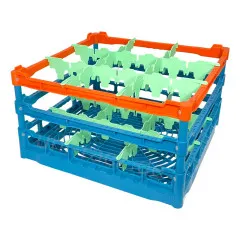 FriesRack Glserkorb 50x50 cm - Typ D-3x3 - stabiles blaues Glserrack aus der Serie Custom mit orangenem Toprahmen fr sicheren Glastransport, perfekt fr Gastronomie und Catering.
