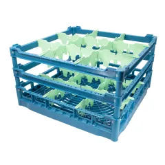 FriesRack Glserkorb 50x50 cm - Typ D-3x3 - stabiles blaues Glserrack aus der Serie Custom mit blauem Toprahmen fr sicheren Glastransport, perfekt fr Gastronomie und Catering.