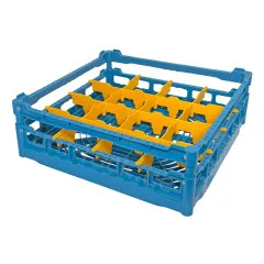 FriesRack B-4x4 Glaeser und Tassenkorb aus blauem, stapelbarem Kunststoff. Der 50x50 cm grosse Spuelkorb verfuegt ueber 16 Faecher und ist ideal fuer den professionellen Einsatz in Glaeserspuelmaschinen und die gewerbliche Glaeserlogistik.