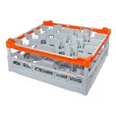 FriesRack System 500 Glserkorb Typ C-20 – graues Glserrack mit orangefarbenem Toprahmen, stapelbar und lebensmittelecht. Ideal fr bis zu 20 grovolumige Glser mit  90–98 mm und 140–160 mm Hhe – passend fr Rotweinglser und B