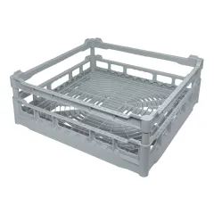 Grundkorb Innenhhe 140 mm, grauer Spl-Grundkorb 50x50 cm mit durchbrochener Bauweise fr optimale Splergebnisse bei Tassen, Schsseln oder Kchenutensilien. Passend fr Splmaschinen von Meiko, Hobart, Winterhalter, Ackermann oder Electrolux.