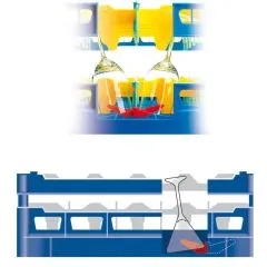 Anwendungsgrafik mit Seitenansicht des Glserkorbs Typ-F2 aus dem FriesRack System, Korbgre 50x50 cm, ideal fr sicheren Transport und effiziente Aufbewahrung von Glsern