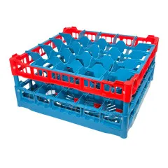 FriesRack Glserkorb 50x50 cm - Typ G-5x5 - stabiles, blaues Glserrack fr 25 Glser mit rotem Toprahmen und Glser-Schrgstellung. Ideal fr sicheren Glastransport, Splen und Einsatz in Catering, Hotel und Messegastronomie.