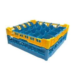 FriesRack Glserkorb 50x50 cm - Typ G-5x5 - stabiles, blaues Glserrack fr 25 Glser mit gelbem Toprahmen und Glser-Schrgstellung. Ideal fr sicheren Glastransport, Splen und Einsatz in Catering, Hotel und Messegastronomie.