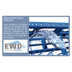 Efficient Wash Design PLUS (EWD+) - Weiterentwicklung des EWD-Systems mit patentierter Wasserstrahlumlenkung fr optimale Reinigung kritischer Bereiche. Die innovative Bodenstruktur und przisere Wasserfhrung sorgen fr optimale Splergebnisse