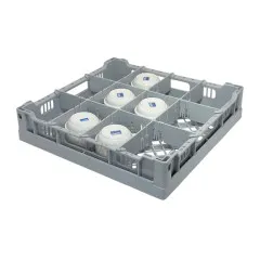 Tassensplkorb im FriesRack System 400 - Kunststoff-Glserkorb Typ LA-3x4, ideal fr Tassen oder niedrige Glser. Korbma 400x400 mm, Fachgre 115x88 mm, fr bis zu 12 Stck. Auenhhe 90 mm. Farbe grau. Einschubma whlbar: 390x390 oder 396x396 mm