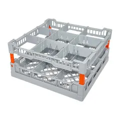 FriesRack System 400 mit Glserkorb LB-3x3 fr 9 Glser, orangene Eckprofile. Farbe der Eckverbinder individuell whlbar. Geeignet fr professionelle Glsersplmaschinen mit Korbgre 40x40 cm.
