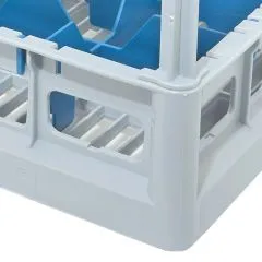 Nahaufnahme der blauen Fachung und des unteren Korbs im grauen Fries Glserkorb 600x400 mm. Fr 24 Glser bis 170 mm Hhe und 87 mm Durchmesser geeignet.