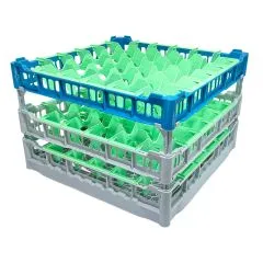 FriesRack Gläserkorb 50x50 cm IMH3-6x6 - stabiler grauer Korb mit blauem Toprahmen für sicheren Glastransport, perfekt für Gastronomie, Hotel und Catering.