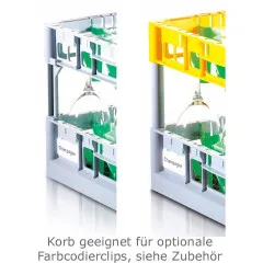 Beispiel fr Fries Glserkrbe mit optionalem Zubehr, wie farbigen Farbcodierclips, auch mit Beschriftung. Optimale Identifikation und bessere Organisation. Ideal fr Gastronomie, Hotels und Catering!