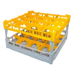 FriesRack Clixrack System 500 – Typ PH-4x4 – Glserkorb 50x50 cm in Grau mit gelbem Toprahmen. Passend fr groe Kelchglser wie Revolution Bordeaux oder Quatrophil Burgunder. Ideal fr professionelle Glserlogistik in Gastronomie und Eventber