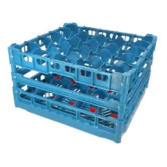 FriesRack Glserkorb 50x50 cm - Typ H-5x5 - stabiles blaues Glserrack, mit Glser-Schrgstellung aus der Serie Custom mit blauem Toprahmen fr sicheren Glastransport, perfekt fr Gastronomie und Catering.