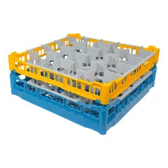FriesRack Glserkorb 50x50 cm IH-20 - stabiles, blaues Glserrack fr 20 Glser mit gelbem Toprahmen. Ideal fr sicheren Glastransport, Splen und Einsatz in Catering, Hotel und Messegastronomie.