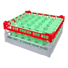 FriesRack Glserkorb 50x50 cm NH-6x6 - stabiler grauer Korb mit rotem Toprahmen fr sicheren Glastransport, perfekt fr Gastronomie, Hotel und Catering.