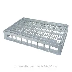 FriesRack System 600 - Ansicht der Unterseite des Glserkorbs 60x40 cm - mehrfach durchbrochener Boden und offene Bauweise des Korbs. Entspricht hchsten Hygiene- und Industriestandards bei Eurobehltern 600x400 mm.