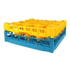 FriesRack Glserkorb 50x50 cm - Typ SH-4x4 - stabiles, blaues Glserrack fr 16 Glser mit gelbem Toprahmen. Ideal fr sicheren Glastransport, Splen und Einsatz in Catering, Hotel und Messegastronomie.