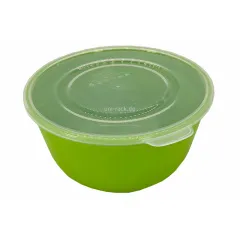 Hellgrne Mehrweg Schssel (Bowl) 0,9 l mit passendem Deckel.  158 mm, Hhe 82 mm. Aus lebensmittelechtem PP-Kunststoff, BPA- und phthalatfrei. Splmaschinenfest, mikrowellengeeignet, bruchfest, formstabil und stapelbar. Ideal fr Gastronomie, Catering u