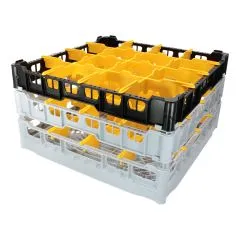 FriesRack Glserkorb 50x50 cm ISH3-4x4 - stabiles, graues Glserrack fr 16 Glser mit schwarzem Toprahmen. Ideal fr sicheren Glastransport, Splen und Einsatz in Catering, Hotel und Messegastronomie.