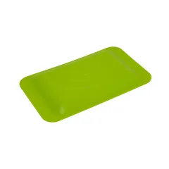 Rckansicht eines Mehrweg Snacktellers in Hellgrn aus lebensmittelechtem PP-Kunststoff. BPA- und phthalatfrei, Mae 250x155x17 mm. Splmaschinenfest, mikrowellengeeignet, stapelbar, bruchfest und formstabil. Ideal fr Catering und Gastronomie.