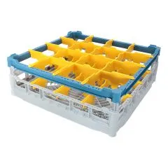 FriesRack Glserkorb 50x50 cm - Typ K-4x4 - stabiles, graues Glserrack fr 16 Glser mit blauem Toprahmen. Ideal fr sicheren Glastransport, Splen und Einsatz in Catering, Hotel und Messegastronomie.